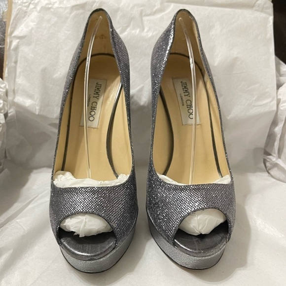 Jimmy Choo Dahlia, Dark silver Glitter peep pumps EU38.5 120mm, 3/4 platform. - Picture 3 of 10